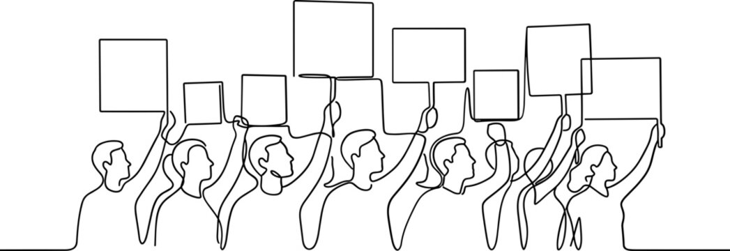 Line drawing of a crowd of protesters holding up blank signs in a demonstration.