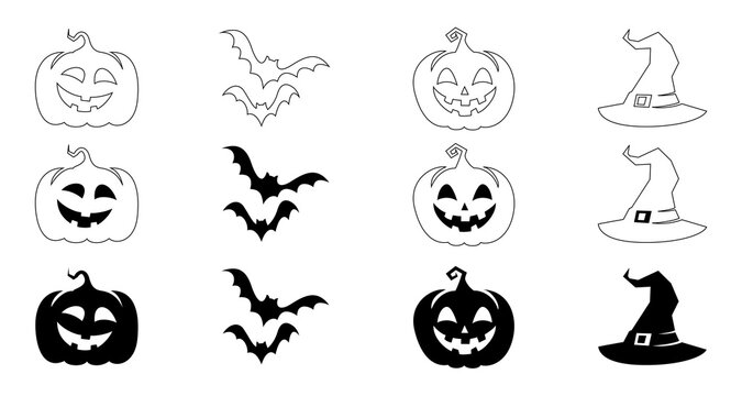 Set of spooky halloween vector elements with carved pumpkins bats and pointy witch hats on transparent background.