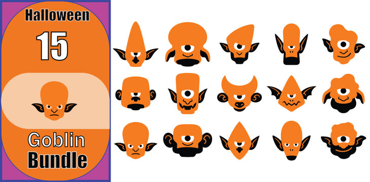 Set of fifteen cute orange cyclops monster faces for halloween party decorations and creative craft projects