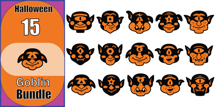 Set of fifteen cute cartoon monster face illustrations for halloween party decorations and creative craft projects