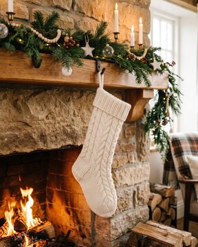 A cozy Christmas stocking hanging from a fireplace mantel, adorned with festive greenery and ornaments, with a crackling fire below
