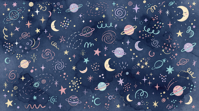 Seamless pattern with handdrawn space elements, cute planets, stars, and moons on a dark blue watercolor background