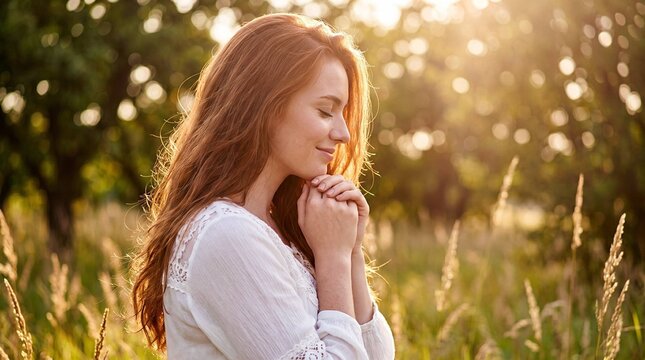 Peaceful Woman Praying with Hands Clasped in Field