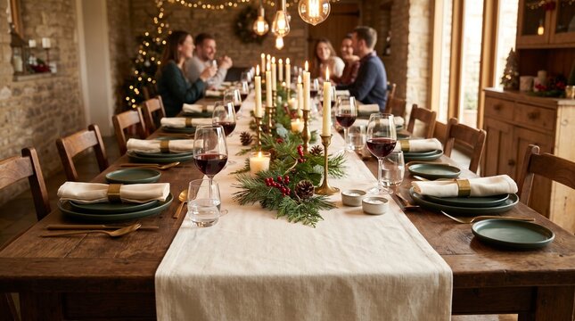 A festive Christmas dinner table setting with a long wooden table, candles, greenery, and place settings, with a family gathered in the background.