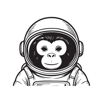 A black and white line art illustration of a cute monkey wearing a space astronaut helmet.