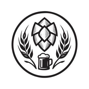 Vintage style emblem featuring hop cone and wheat stalks with a beer mug.