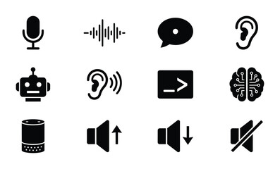 Fototapeta premium Speech Recognition Icons: Microphone, Sound Wave, Chat, Ear, Robot, Brain, Volume Control, Mute