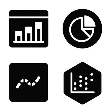 Set of four minimalist data visualization icons featuring bar charts pie charts and scatter plots for business analytics
