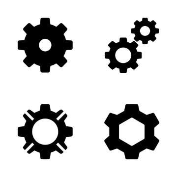 Set of black gear and cog icons representing mechanical engineering and industrial process settings