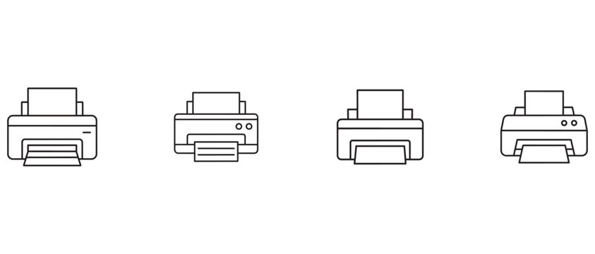 printer icons in black and white line art style on a transparent background for graphic design and technology concepts  office equipment illustrations