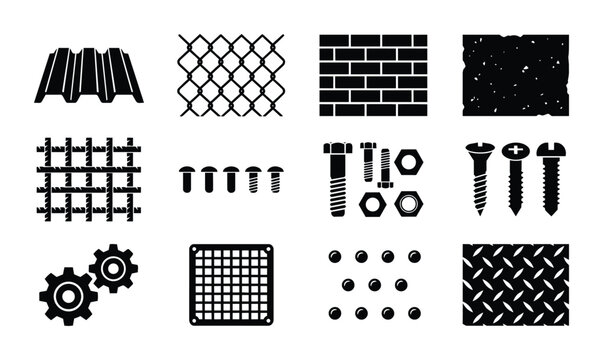 Construction Materials Vector Icons Set: Roofing, Fencing, Bricks, Fasteners, Gears, Textures