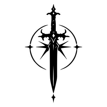 Gothic dagger sword pointing down through a crescent moon circle, black silhouette vector icon for dark ritual athame, witchcraft, knight, medieval weapon, tattoo and emblem designs.