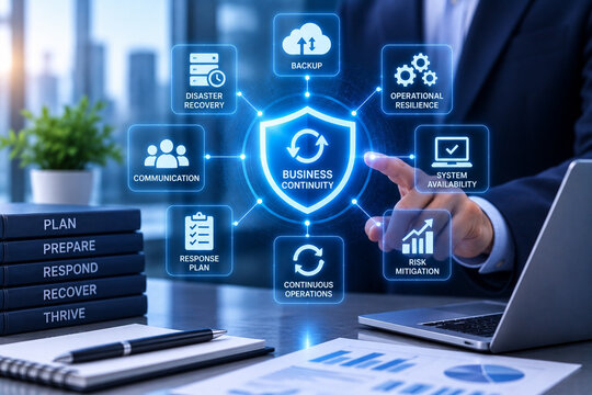 Business continuity risk management disaster recovery backup system availability operational resilience corporate office business continuity concept interface with icons for risk management