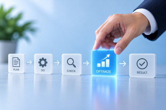 Business hand process optimize improvement efficiency workflow strategy result checklist plan business hand moving cube icons for plan do check optimize result, workflow improvement and process