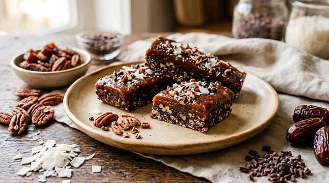 Healthy chocolate energy bars with pecans and dates on a wooden plate. Plant-based snack bars