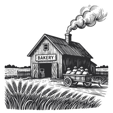rural bakery with a cart and a wheat field, cart with sacks of flour or grain, vector illustration. for bakery branding, farm product packaging, vintage labels, retro posters, and rustic logo design.