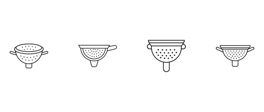 kitchen strainer icons in different orientations for food preparation and cooking  various straining tool illustrations