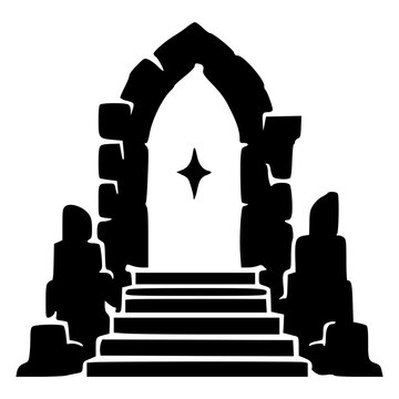 Gothic arched stone doorway with a staircase leading up, black silhouette vector icon for dark mysterious crypt entrance, cathedral, temple portal, Halloween and fantasy designs.