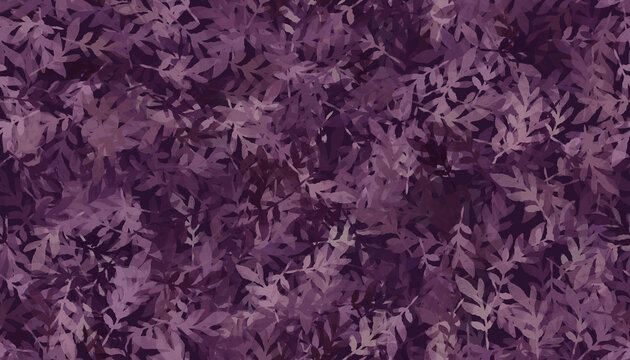 Elegant seamless pattern featuring dense small watercolor leaves in deep purple, violet, and plum tones. Organic botanical repeat texture for fabric, wrapping paper, wallpaper, and apparel print.