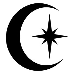 Bold gothic crescent moon with a bright four-pointed star and sparkles, black silhouette vector icon for dark celestial night, lunar astrology, mystical, tattoo and sticker designs. © Marcelino