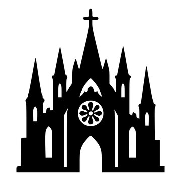 Gothic cathedral facade with rose window, twin towers and pointed spires, black silhouette vector icon for dark medieval church architecture, religious, Halloween and print designs.