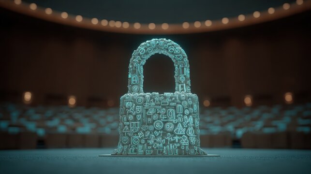 A digital lock made of glowing icons symbolizing cybersecurity stands prominently in a dimly lit auditorium.