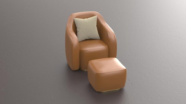 Brown leather armchair with ottoman on dark gray concrete floor