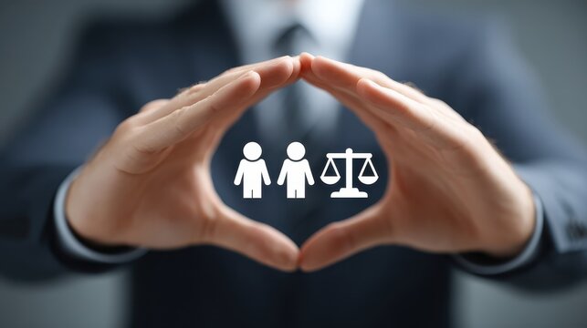 Hands forming a protective shape around icons of gender equality and justice, symbolizing support for equal rights and fairness.
