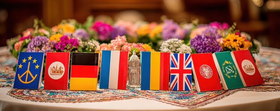 A colorful display of ten miniature flags representing various countries, arranged in a row on a patterned cloth with vibrant flowers in the background.