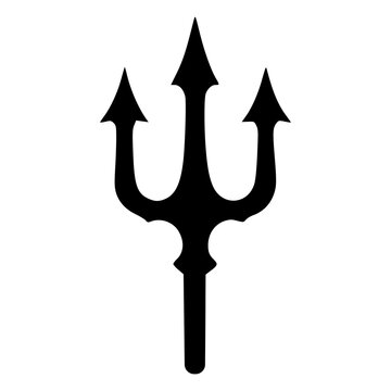 Gothic trident pitchfork with three sharp prongs, black silhouette vector icon for dark devil, demon, hell, Poseidon, Neptune sea god, mythology weapon, tattoo and emblem designs.