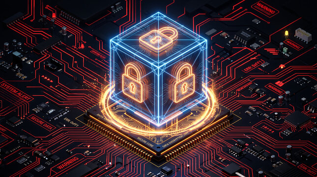 Glowing padlock cube hovering above a digital circuit board
