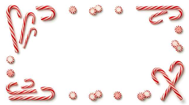 Festive christmas border made with red and white candy canes and small round peppermint candies on white