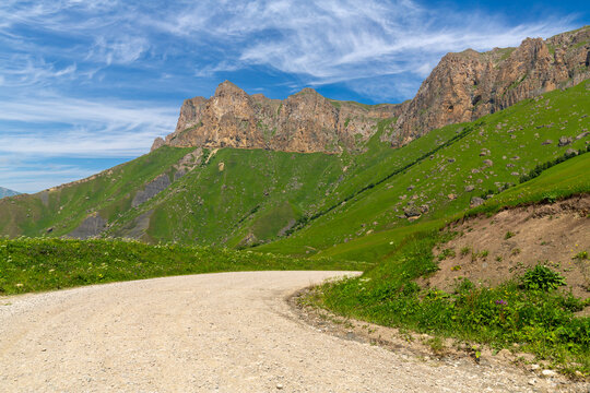 View of Mount Lha in Caucasus mountains at sunny summer day