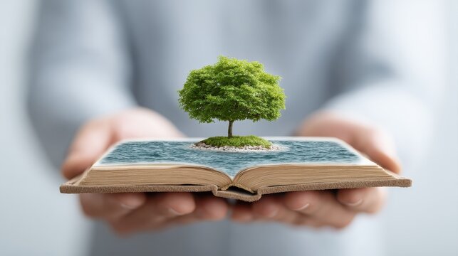 A person holds an open book from which a tree grows surrounded by water, symbolizing knowledge, nature, and environmental growth.