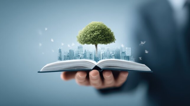 A hand holds an open book from which a tree and city skyline emerge, symbolizing knowledge, growth, and urban development.