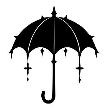 Gothic umbrella parasol with scalloped lace edge and curved handle, black silhouette vector icon for dark Victorian fashion, rain weather, lolita, tattoo, sticker and print designs.
