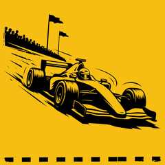 Obraz premium Racecar speeds along a curve on a racetrack with spectators watching in this graphic woodcut style illustration.