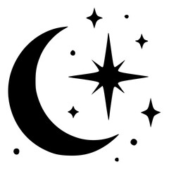 Gothic crescent moon with glowing four-pointed stars and sparkles, black silhouette vector icon for dark celestial night, lunar astrology, dreamy mystical, tattoo and sticker designs. © Marcelino