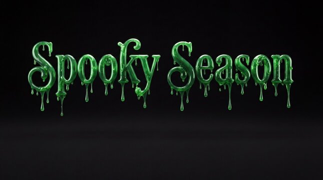 Spooky season green slime typography spelling Halloween greeting text glowing, font lettering on black.