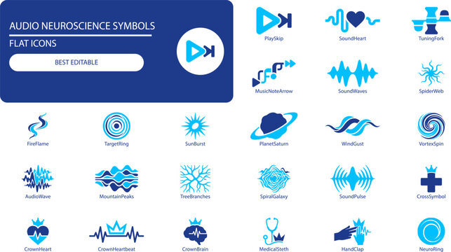 Neuroscience audio icons set. Modern outline vector collection of brain waves, sound waves, and medical symbols for scientific presentations.