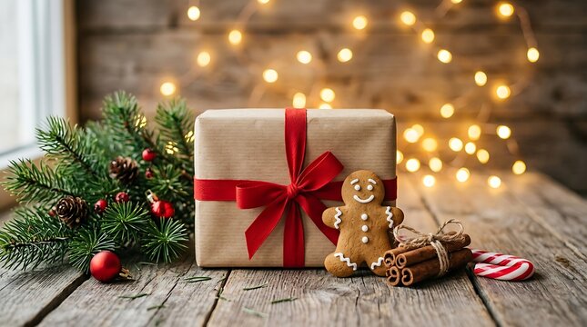 Gift-wrapped box with gingerbread man and candy cane on rustic wooden table during festive holiday season