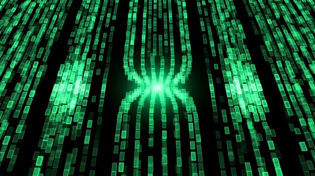 Abstract green digital matrix data stream with glowing light bottleneck on black background. Big data processing, internet flow, coding, AI technology, and cyber security concept 3D render