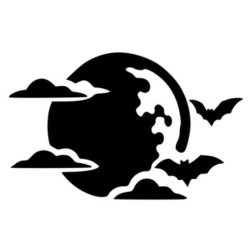 Gothic full moon behind drifting clouds with flying bats, black silhouette vector icon for dark spooky Halloween night, vampire, werewolf, haunted sky, tattoo and sticker designs.