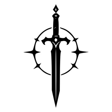 Gothic dagger sword piercing a circular ring frame, black silhouette vector icon for dark ritual athame, witchcraft magic, knight, medieval weapon, tattoo, emblem and logo designs.