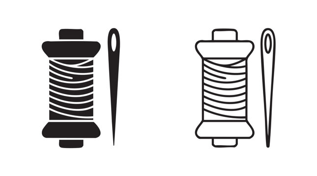 thread spools and needle silhouette with line art vector icon design