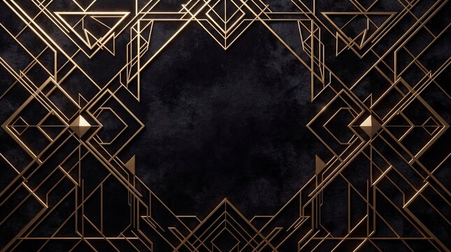 Geometric gold art deco frame pattern overlapping dark black velvet background texture, luxurious golden lines intersecting symmetrically.