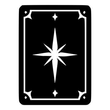 Gothic tarot card with a sparkling star on the front, black silhouette vector icon for dark fortune telling, divination, oracle deck, psychic magic, occult, tattoo and sticker designs.