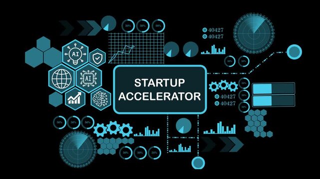 Futuristic startup accelerator Technology Background with Artificial Intelligence AI, Data Analytics, Cybersecurity, Business Intelligence, Network Connections, HUD Interface and Data Visualization