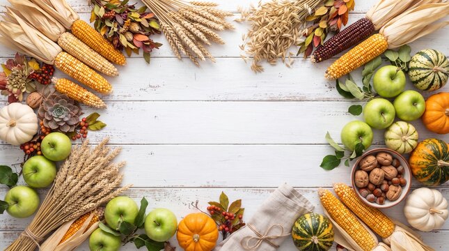 Autumn harvest flat arrangement vibrant corn cobs and fresh apples orange, pumpkin oats nuts fruit.
