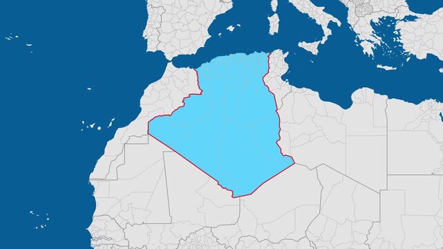 Map of algeria highlighted in blue with the border with tunisia highlighted in red